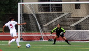 Samantha Song \'12 scores her first collegiate goal vs. Farmingdale State Saturday evening.