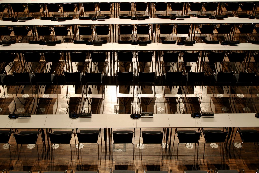 Empty chairs awaiting party delegates in the New York Plenary room.