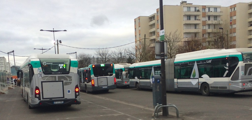 Buses waiting to take COP21 participants from the train station to the meeting site. 