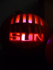 Pumpkin carved with "SUN"