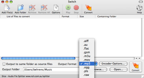 Screenshot of Switch, an audio file conversion utility