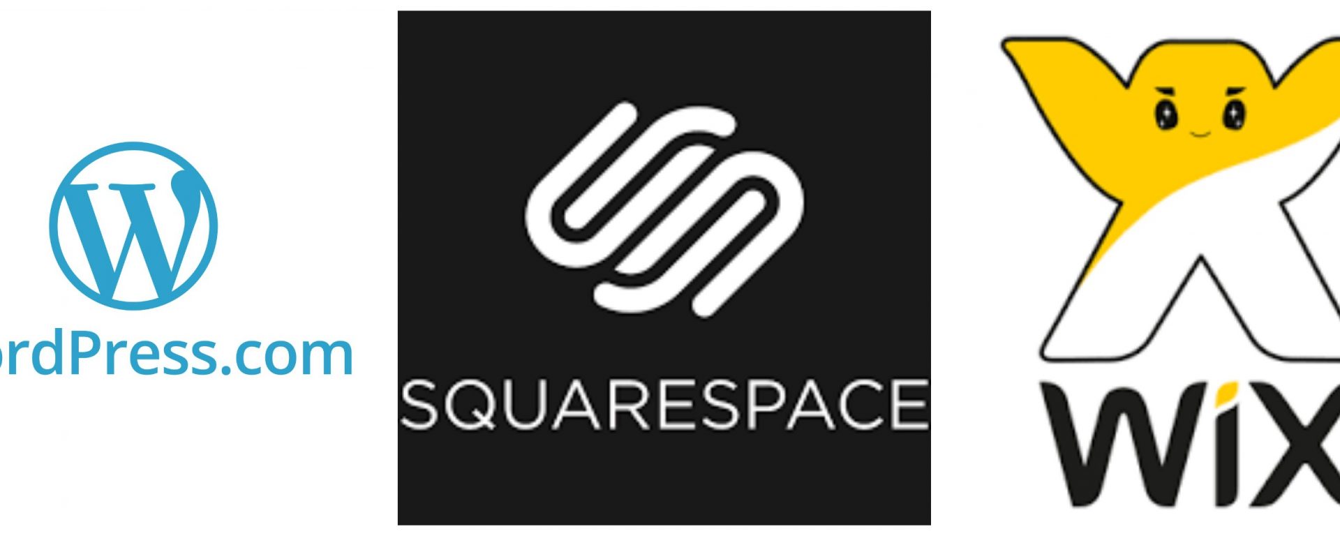 wordpress.com, squarespace, wix.com logos