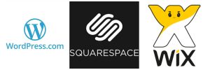 wordpress.com, squarespace, wix.com logos