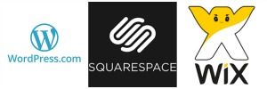 wordpress.com, squarespace, and wix.com logos