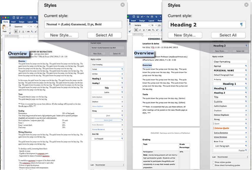 two side by side Word documents, one using styles, the other not