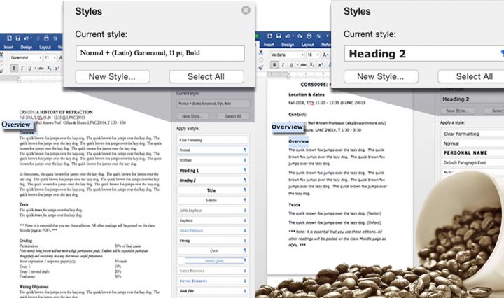 Two Word docs side by side, with and without styles