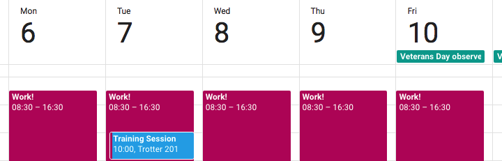 Edited screen capture of the weekly view in Google Calendar featuring the new date headings.