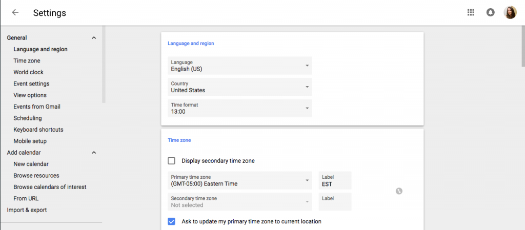 Screen capture of the new layout for Google Calendar settings.