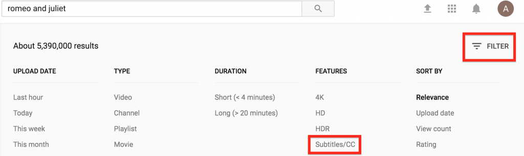 screenshot highlighting the filter and closed caption button in YouTube