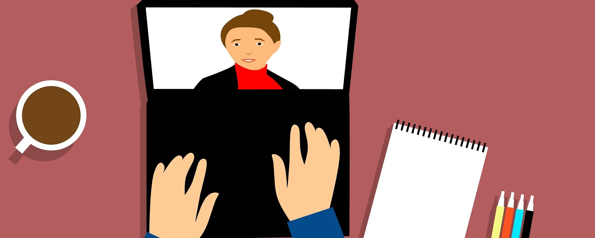 Illustration of webinar being displayed on a laptop. A pair of hands hovering over the laptop with a picture of a woman on the video screen. Also a notepad with colorful markers to the right. A cup of coffee to the left.