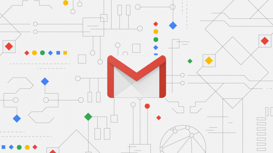 Gmail logo surrounded by geometric shape outlines meant to look like circuits.