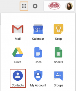 Screenshot of the Google App Launcher with nine apps shown. There is an orange box around the App Launcher icon and a red box around the Contacts app icon.
