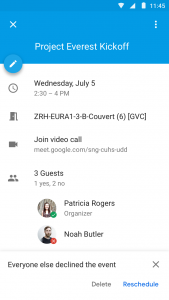 A screen capture of a Google Calendar event with and additional section at the bottom to note all guests have declined.