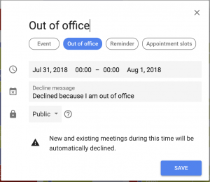 Screen capture of the Calendar Out of Office feature.