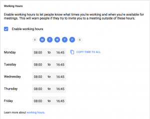 A screen capture of the Working Hours section in the Google Calendar settings.