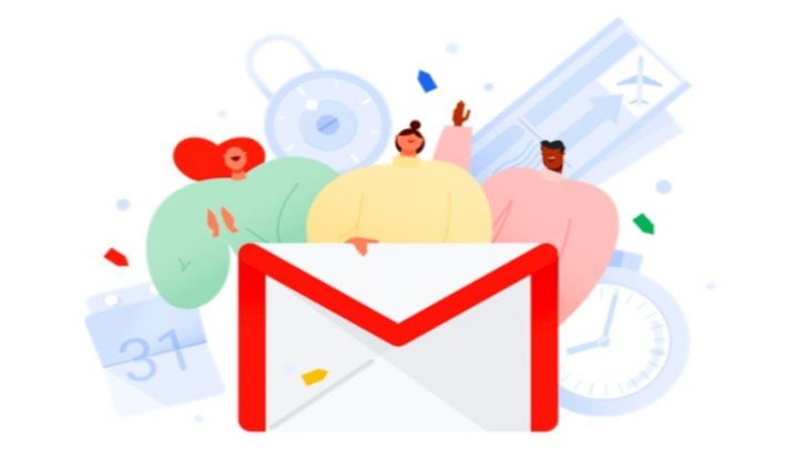 Gmail logo with three cartoon people behind it.
