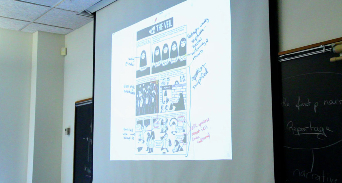 Classroom display of graphic novel with student's projected annotations