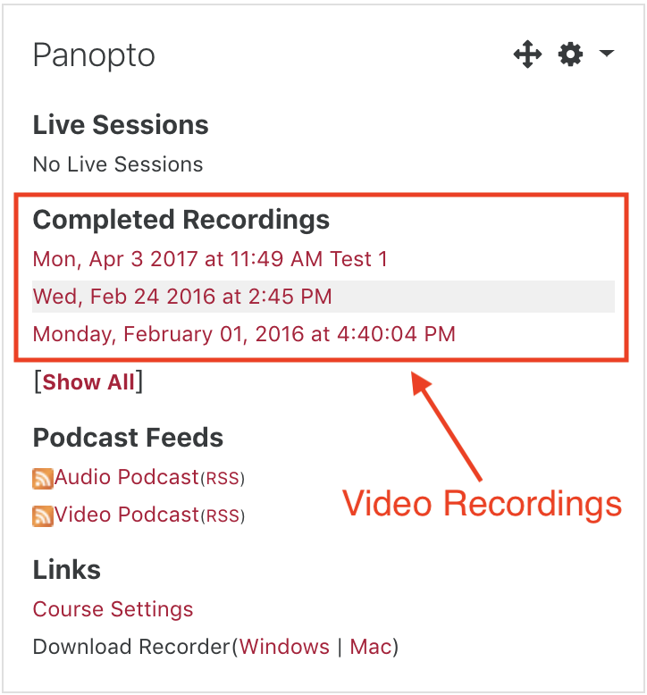 Screenshot of Panopto Block in Moodle displaying links to several different video recordings
