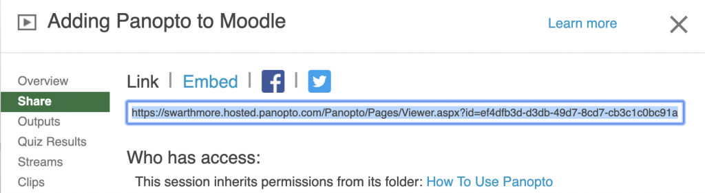 Screenshot of Share link in Panopto