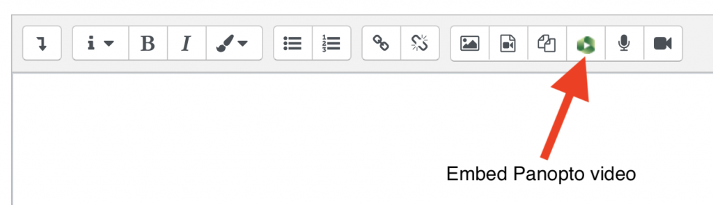 Screenshot of text editor in Moodle with an arrow pointing to the Panopto embed icon