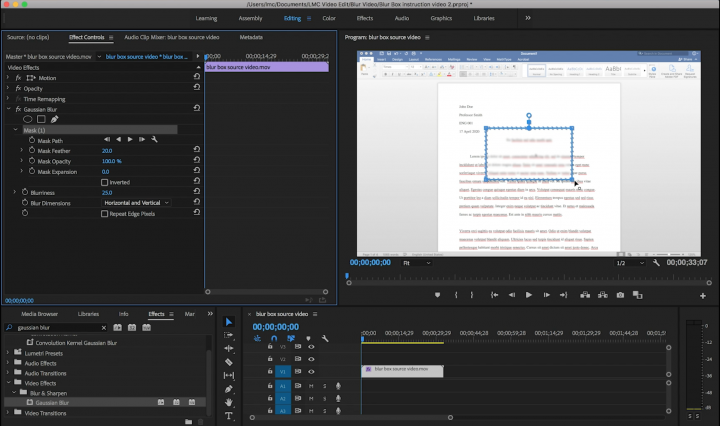 Adobe Premiere interface with blurring box featured