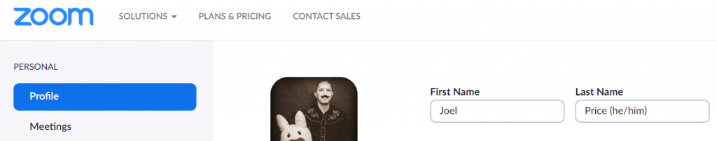 A screenshot of the profile customization page in Zoom, demonstrating how to add pronouns in the Last Name field.