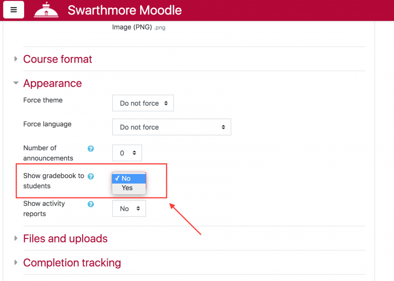 Screenshot highlighting the show gradebook to students dropdown menu in Moodle.