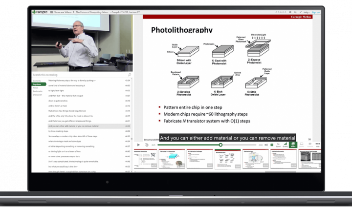 video of a lecture capture where a professor is in the corner of the video teaching in a classroom and his powerpoint slides are on the right of the video