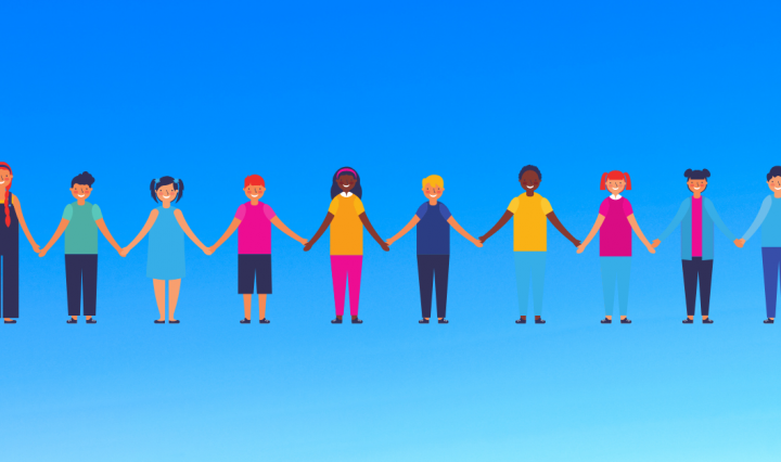 illustration of diverse group of students holding hands and smiling