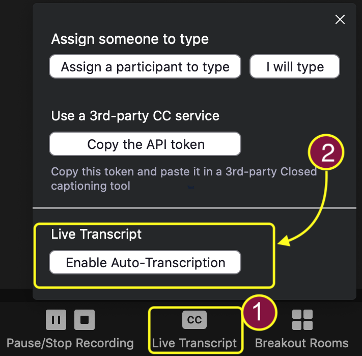 Enable Live Transcript using the Enable Auto-Transcription button within the CC/Live Transcript modal