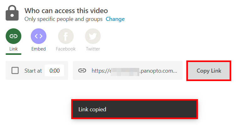 Panopto share setting menu under the who has access section. The Copy link button is highlighted.