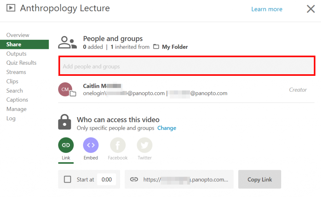 Panopto video share settings menu