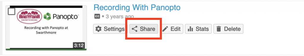 Screenshot of a Panopto video thumbnail with the share button highlighted.