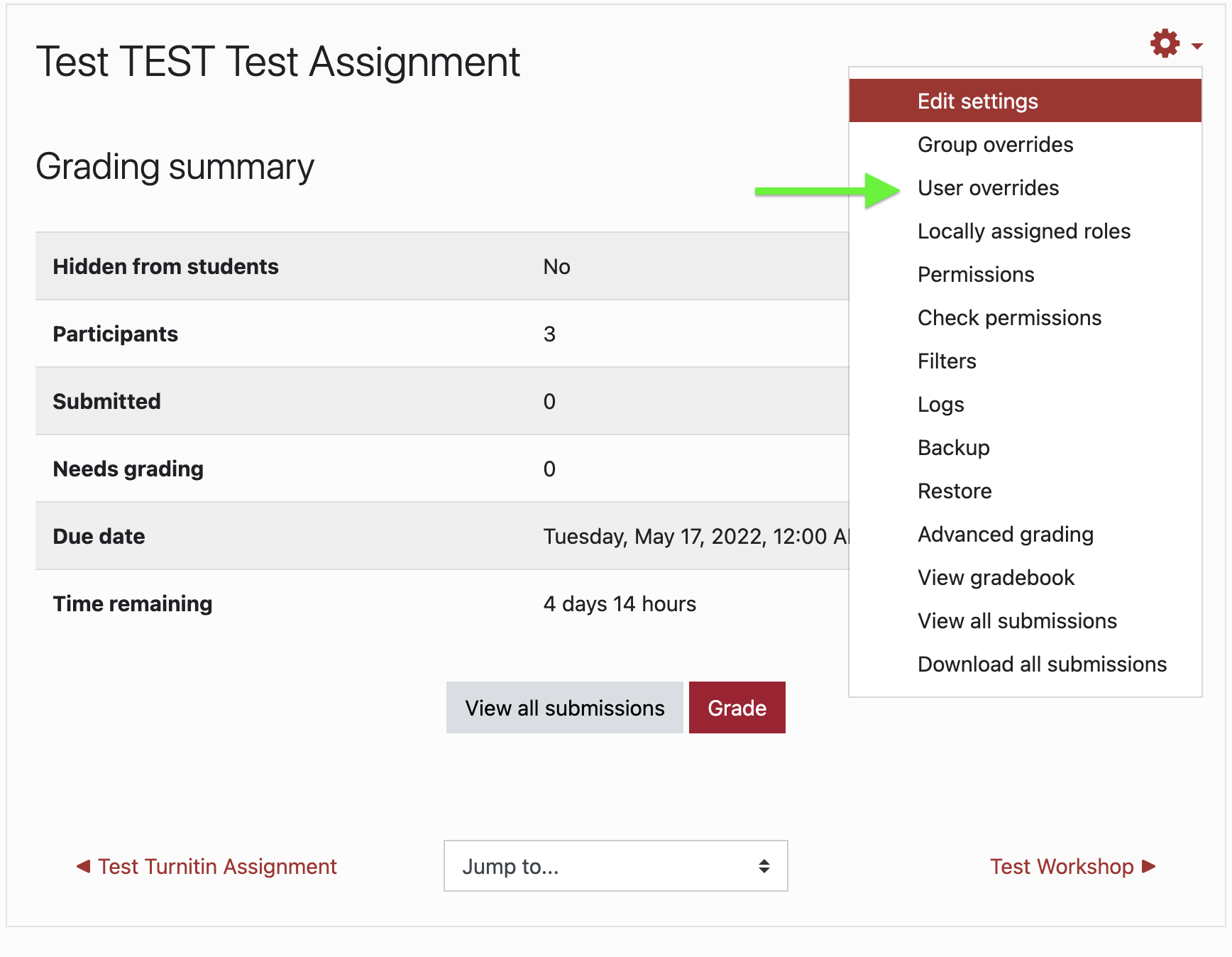 Assignment User Override selection from gear icon