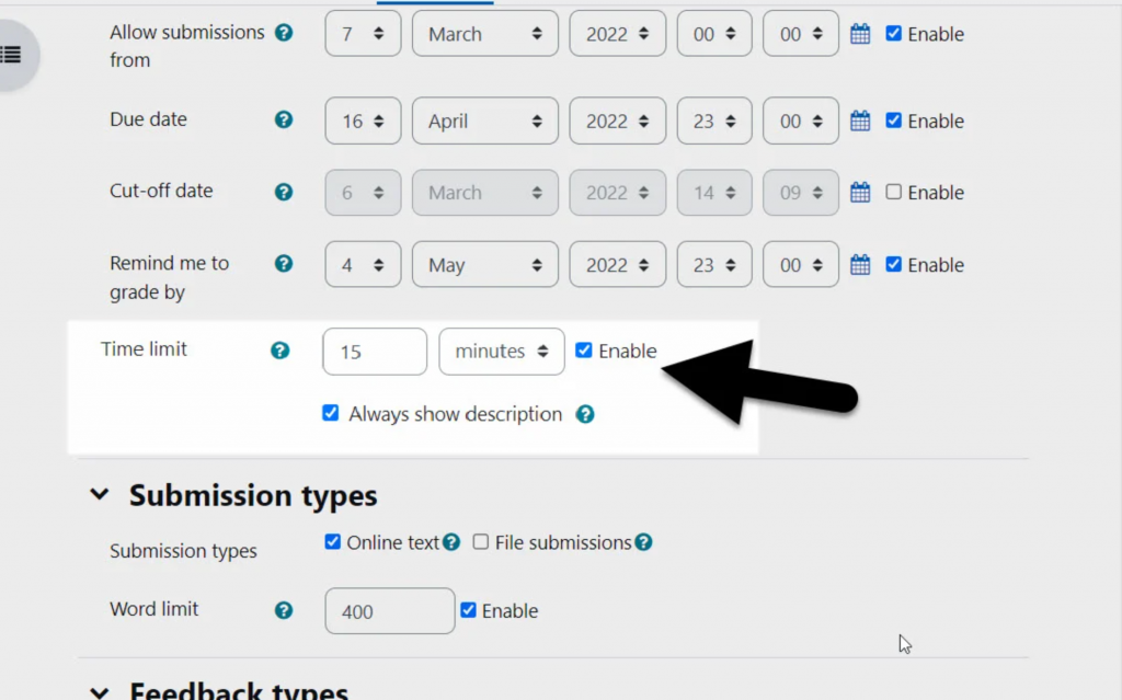 Screenshot of Moodle 4 timed assignment setting