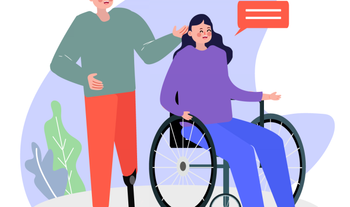 Cartoon of a person with a visible prosthetic leg talks stands next to a person in a wheelchair