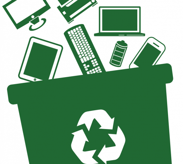 Image of a green recycling bin containing electronic recycling