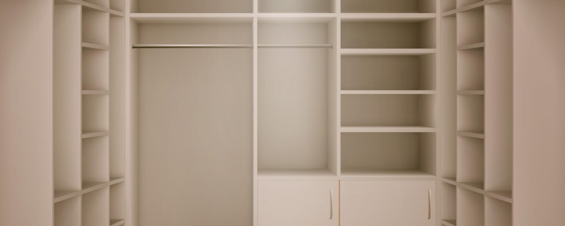 An empty, walk-in closet with many free shelves and a wood floor.