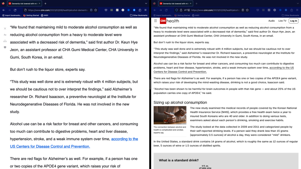 Side-by-side of the Mozilla Firefox Reader Mode on the left and the Firefox browser on the right on a story on CNN.com.
