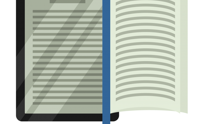 An ebook icon that shows an ebook reader on the left with a bookmark in the middle and a page opening up to the right.