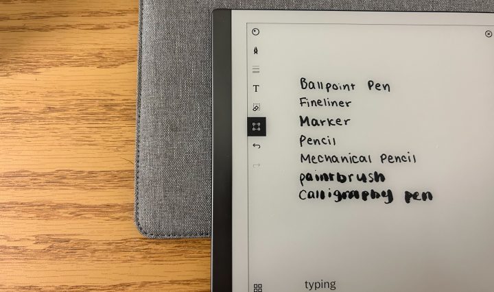 reMarkable 2 tablet with writing demonstrating each of the pen options.