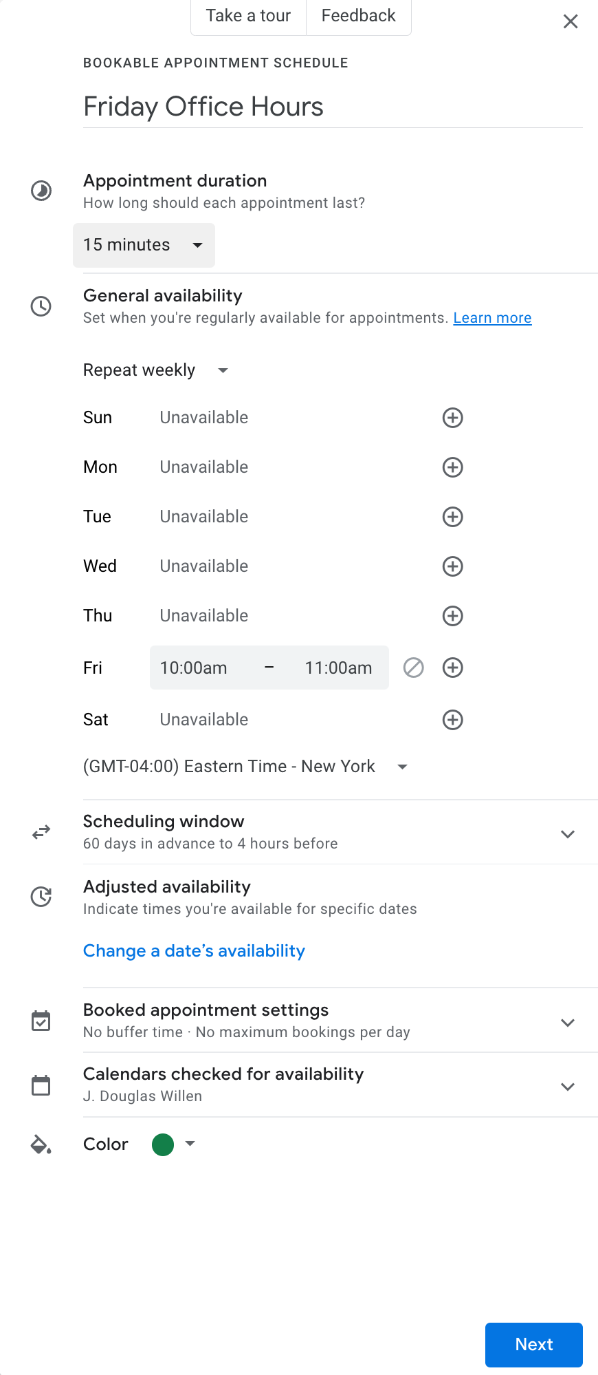 Google Appointment Schedules Setup Dialog