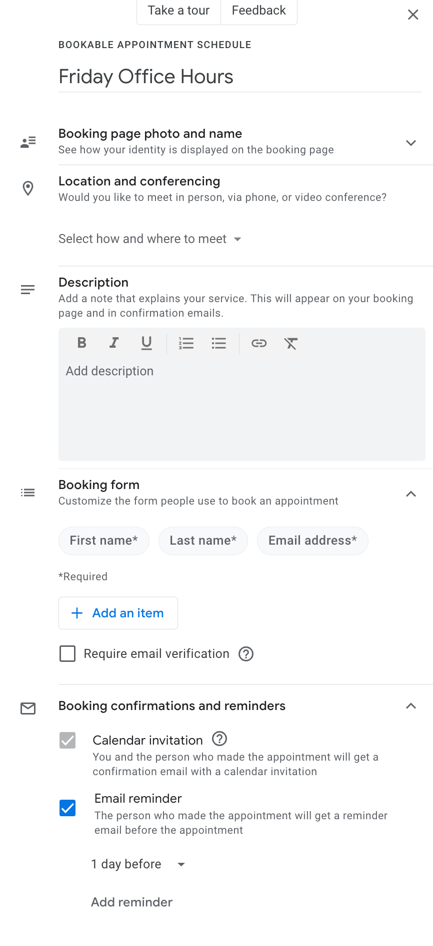 Google Appointment Schedules Booking Form Details Dialog