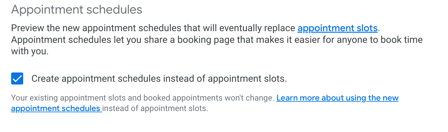 Settings section to turn on Google Appointment Schedules