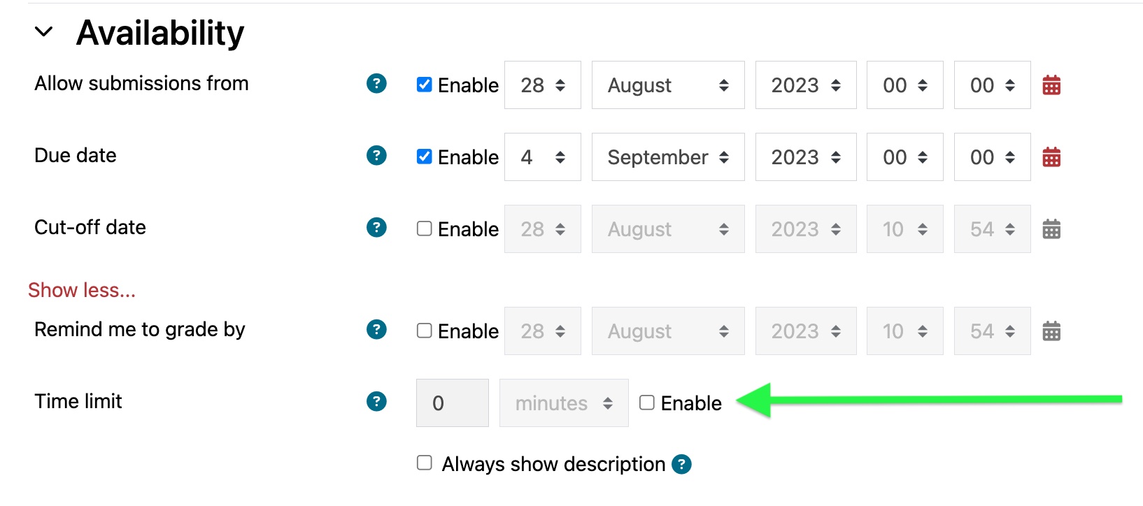 Moodle 4 Assignment Availability section with arrow pointing to Time limit line