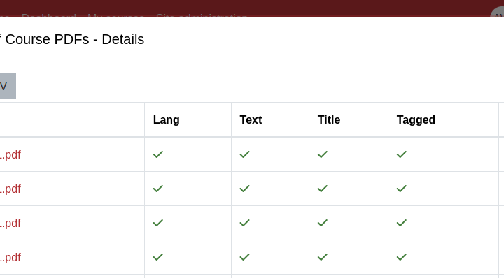 Accessibility filescan table with a listing of filenames on the left and with checks under the rows "Lang," "Text," "Title," and "Tagged" at the top.