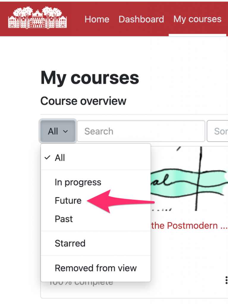 Moodle My Courses view with filter showing how to select the Future courses.