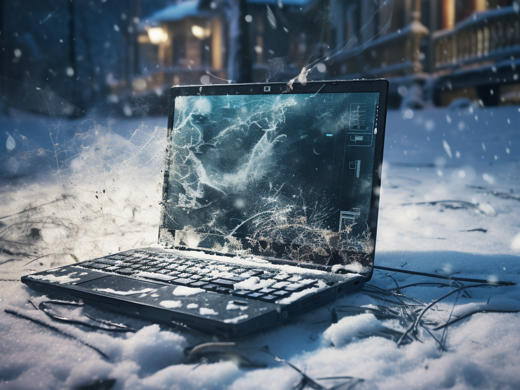 A laptop resting on the snow