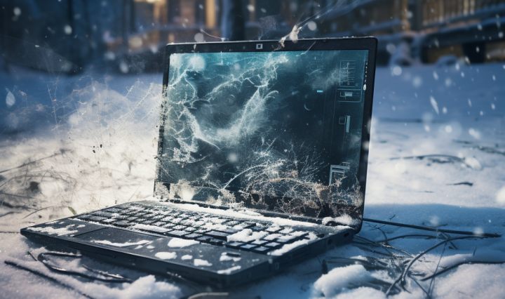 A laptop resting on the snow