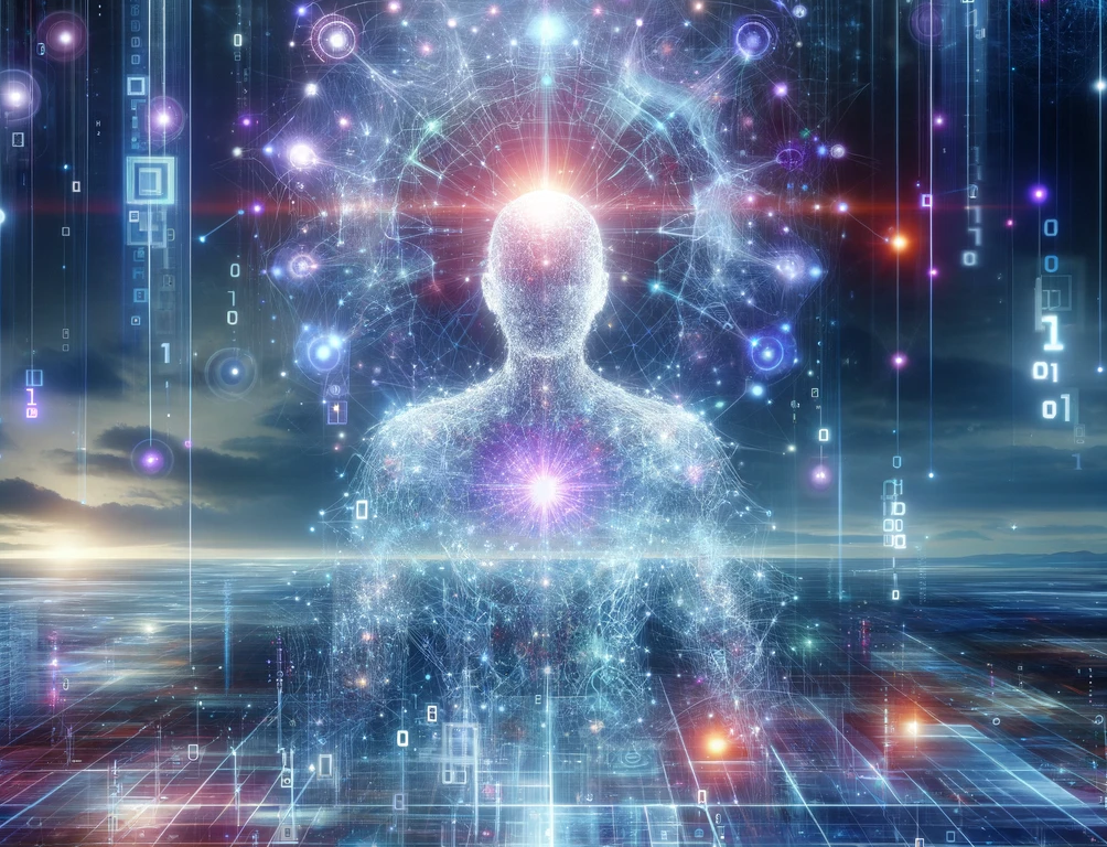 An abstract representation of artificial intelligence, depicted as a humanoid form composed of luminous, interconnected neural networks and digital patterns. The AI stands in a digital landscape filled with glowing lines, nodes, binary code raining from the sky, and holographic projections, symbolizing advanced technology, creativity, and innovation. The color palette features shades of blue, purple, and white, emphasizing the futuristic and ethereal nature of AI.